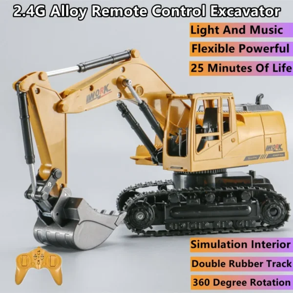 Simulation Hydraulic Remote Control Excavator 25Mins 8CH 360 Degree Rotation Double Rubber Track RC Truck Toy With Music Light