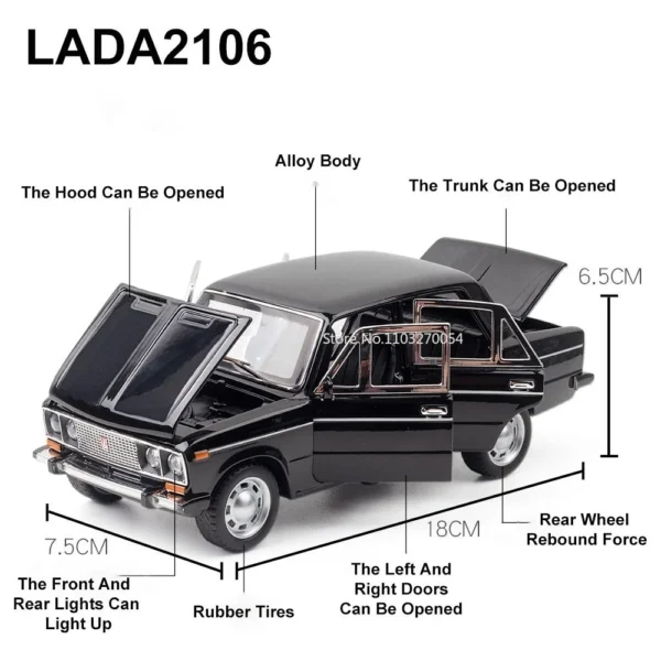 1/24 LADA 2106 Diecast Alloy Car Model Toy Metal Body Door Can Opened Toy Car Pull Back Sound Light Rubber Tire Vehicle Boy Gift - Image 4