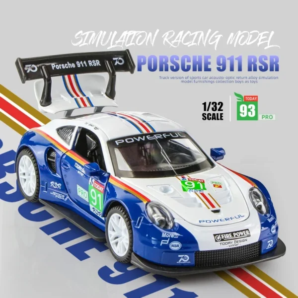 1:32 Porsche 911 RSR Alloy Diecast Toy Vehicles Metal Car Model Sound Light Pull Back Kids Toys Collection A40 - Image 2