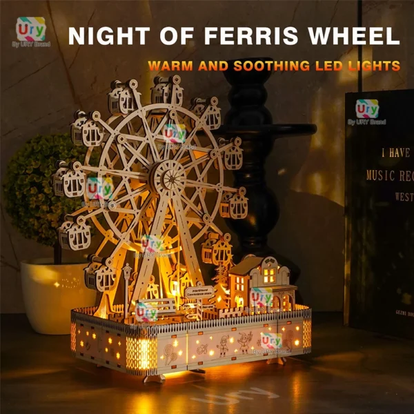 Ury 3D Wooden Puzzles Led Rotatable Ferris Wheel Music Octave Box Model Mechanical Kit Assembly Decor DIY Toy Gift for Kid Adult - Image 3