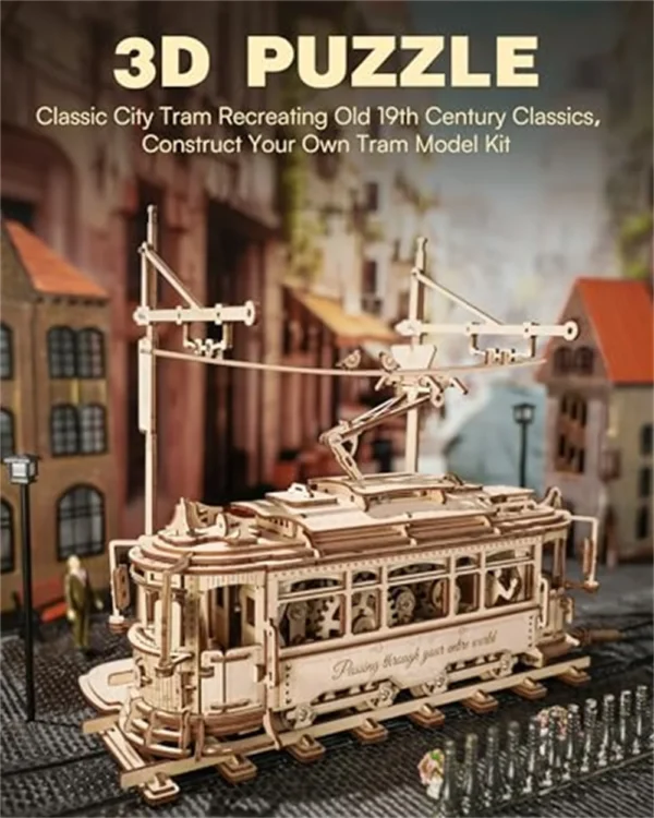 Robotime 3D Wooden Puzzle Gear Drive Tram Mechanical Model Building Kit DIY Craft Toy Gifts Classic City Tram for Children Teens - Image 2