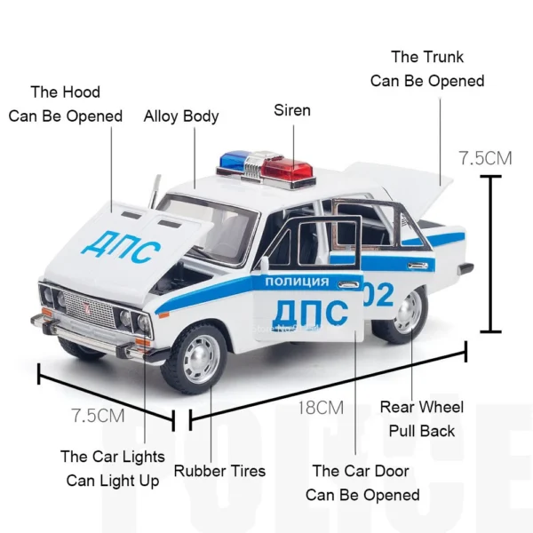 1/24 Lada 2106 Police Alloy Car Model Metal Diecast Toys with Pull Back Sound and Light Simulation Vehicles for Children Gifts - Image 2